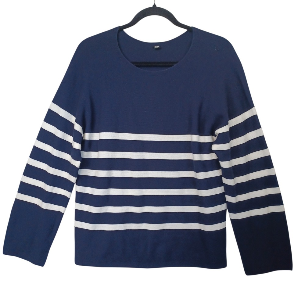 Uniqlo Womens Navy Blue White Striped 100% Cotton Crewneck Sweater Large 466846